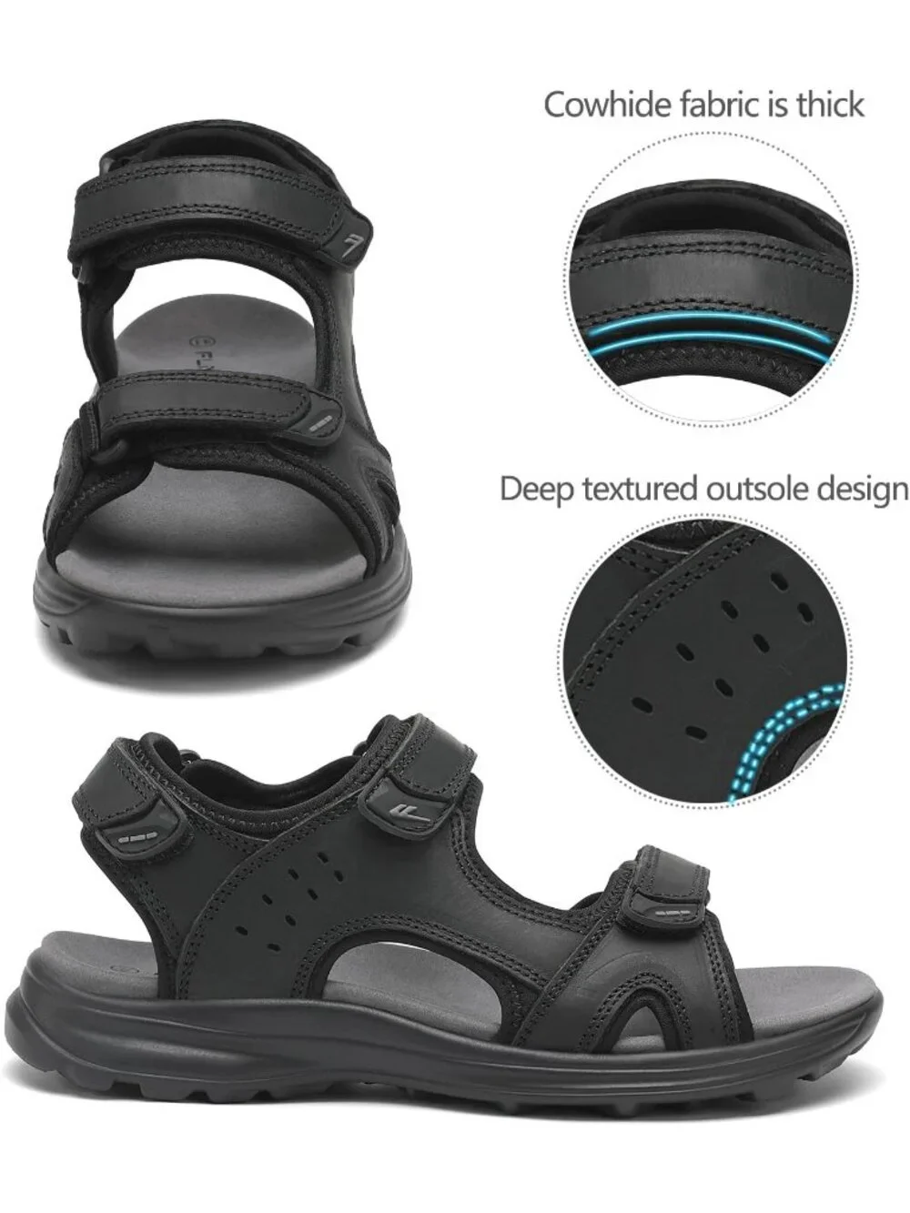 Men's All Black Adjustable Open Toe Leather Athletic Sport Hiking Sandal Shoes